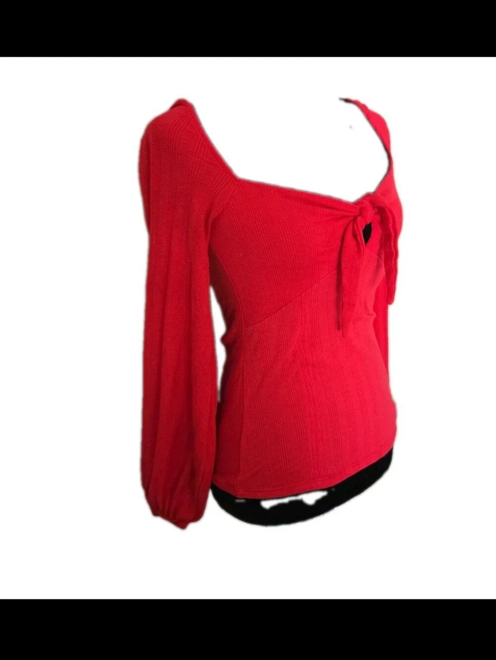 Free People Womens Red It's A Date Ribbed Tie Front Puff Sleeve Top S